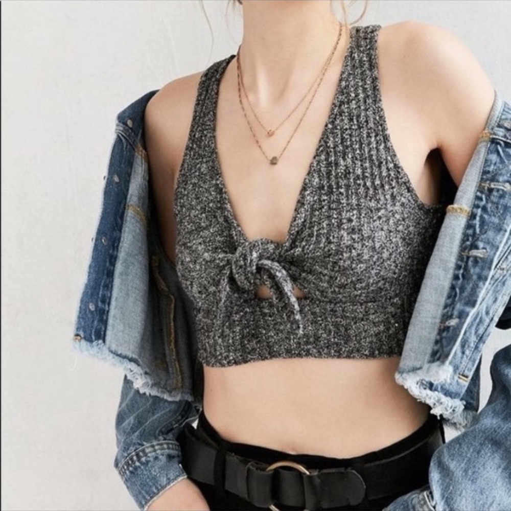 Kimchi blue tie front grey ribbed sweater crop top
